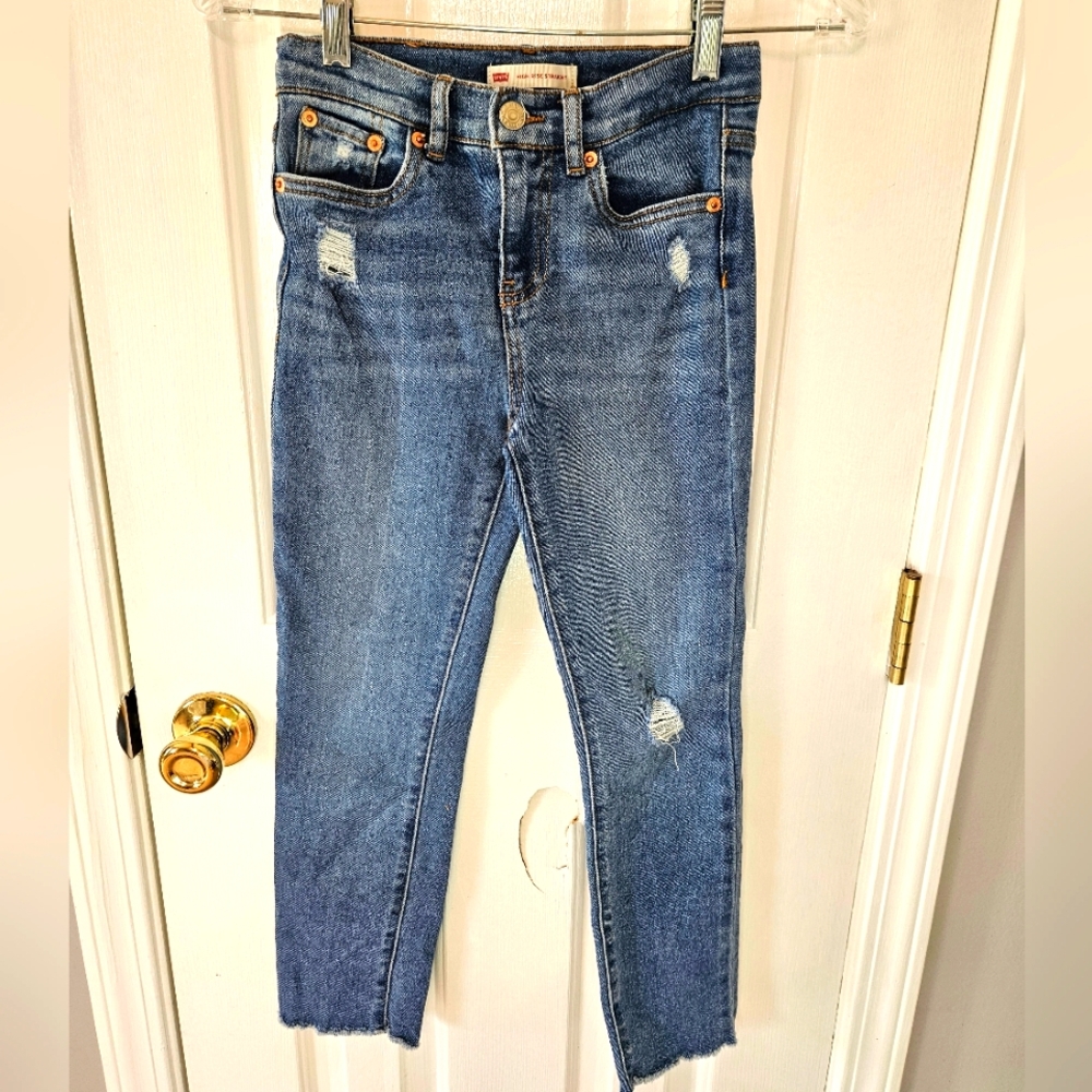 Girls Levi's Blue Distressed High Rise Straight Jeans Size 8 Waist Drawstraps